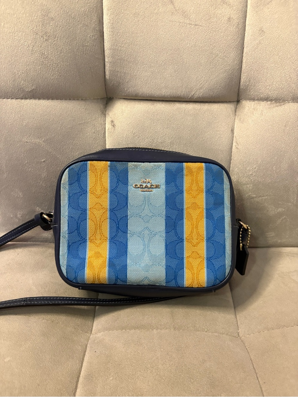 Coach Blue and Yellow Signature Stripe Crossbody Camera Bag
